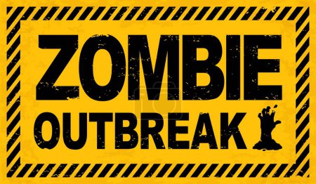 Illustration for Zombie outbreak warning caution for Halloween monster apocalypse, cartoon vector sign. Halloween holiday and trick or treat party banner with danger warning with zombie hand on dead or undead corpse - Royalty Free Image