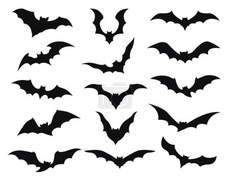Illustration for Halloween bats silhouettes for horror night holiday, cartoon vector icons. Halloween and trick or treat party decoration of black flying vampire bats isolated silhouettes for decoration elements - Royalty Free Image