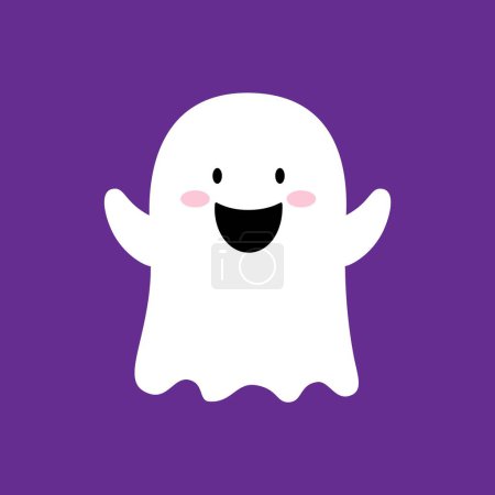 Illustration for Cartoon Halloween kawaii ghost character with cheerful expression, and playful smile floating in the air. Isolated cute vector baby spook, white phantom personage captures festive spirit of the season - Royalty Free Image