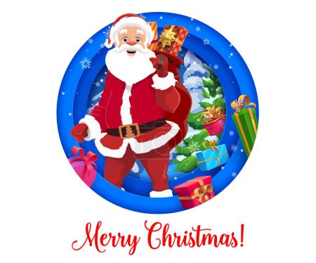 Illustration for Cartoon paper cut cheerful Santa with gifts. 3d vector holiday double exposition round frame with Father Noel carry gift sack and pine tree with snowy branches in forest. Xmas festive papercut art - Royalty Free Image