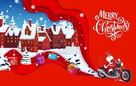 Illustration for Christmas paper cut banner with Santa on bike, flying gifts and snowy town. Vector greeting card with cool funny Father Noel biker hurry to kids countryside landscape. 3d layered effect papercut art - Royalty Free Image