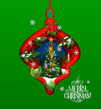 Illustration for Christmas paper cut bauble with pine tree double exposition. Vector 3d effect frame in shape of Xmas toy with red poinsettia flower, green spruce tree branches, snowflakes, candy cane, candle and star - Royalty Free Image