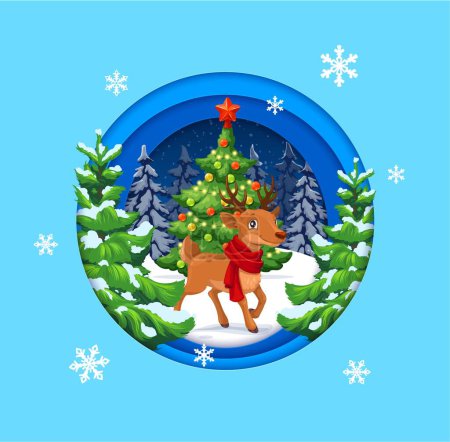 Téléchargez les illustrations : Papier de Noël coupe bannière avec dessin animé mignon rennes dans la forêt d'hiver. Vacances de Noël, saison d'hiver carte de vœux vectorielle de coupe de papier ou fond avec personnage de dessin animé cerf, arbre de Noël - en licence libre de droit