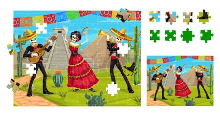 Illustration for Day of the Dead Dia De Los Muertos mexican holiday jigsaw puzzle quiz game pieces vector worksheet. Connect cartoon Catrina Calavera and mariachi skeletons characters Mexico Halloween game puzzle - Royalty Free Image