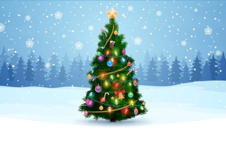 Ilustración de Pino de Navidad y paisaje de silueta del bosque. Vector de abeto decorado en la víspera de vacaciones bajo la caída de copos de nieve. Abeto de Navidad con adornos, bastones de caramelo, calcetines, luces, guirnaldas y estrella en la parte superior - Imagen libre de derechos