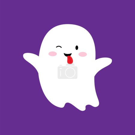 Illustration for Cartoon Halloween kawaii ghost character. Isolated cute vector spook personage floating in the air, showing tongue, captures the festive spirit of the season with cheerful expression, and playful grin - Royalty Free Image