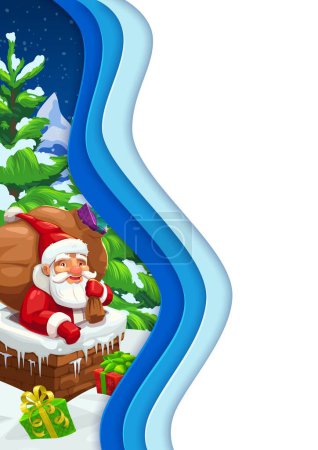 Illustration for Christmas paper cut banner. Cartoon Santa on roof chimney. Xmas, Christmas celebration backdrop or winter holiday 3d vector greeting card or background with Santa Claus character with gifts sack - Royalty Free Image