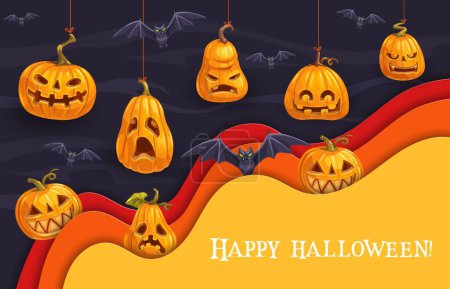 Illustration for Halloween paper cut banner with hanging pumpkins and flying bats for holiday night, cartoon vector. Happy Halloween greeting card in paper cut layers with spooky pumpkins and vampire bats in night - Royalty Free Image