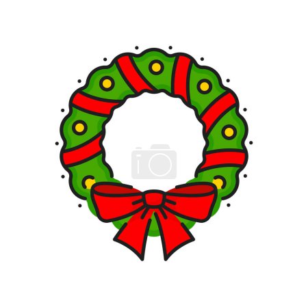 Illustration for Christmas and New Year green wreath decorated by red bow color line icon. Vector Xmas wreath with ribbons or garlands and balls. Noel decoration - Royalty Free Image