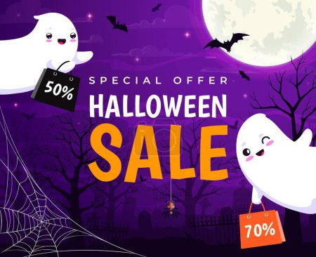 Illustration for Halloween sale banner with flying cute kawaii ghosts. Vector ads background for seasonal autumn discount special offer with cartoon lovely spooks at night cemetery with gravestone silhouettes and moon - Royalty Free Image