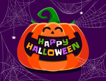Illustration for Halloween holiday pumpkin banner with cobweb and spiders. Happy Halloween vector greeting card of cartoon jack o lantern character with cute face and smile. Orange pumpkin vegetable monster personage - Royalty Free Image