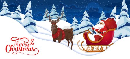 Illustration for Christmas paper cut snow, cartoon Santa with reindeer and sleigh. Vector holiday xmas 3d papercut art with Father Noel deliver gifts by deer sled at night forest landscape with trees and snowfall - Royalty Free Image