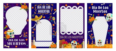 Ilustración de Día Mexicano de los Muertos Dia De Los Muertos holiday social media banners templates. Vector calavera calaveras de azúcar, flores de caléndula, sombrero y maracas, velas, huesos, diseños de tela patrón floral post - Imagen libre de derechos