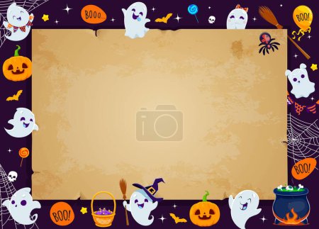 Illustration for Halloween holiday kawaii ghosts and vintage scroll, vector greeting card. Cute cartoon ghosts and pumpkins monsters characters background frame with bats, spiders, trick or treat candies and cobweb - Royalty Free Image