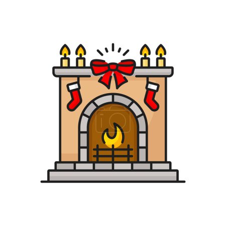 Ilustración de Chimenea de ladrillo con fuego ardiente, icono de línea de color. Vector de dibujos animados chimenea de Navidad con calcetines, chimenea con velas de Año Nuevo y la proa - Imagen libre de derechos