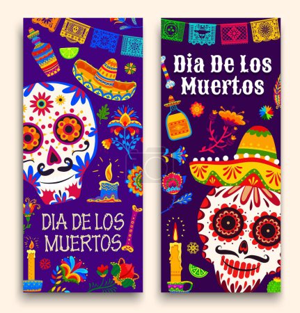 Illustration for Mexican Day of the Dead Dia De Los Muertos holiday banners with vector sugar skulls and papel picado. Mexico Halloween calavera skulls in sombrero with color flowers, altar candles, tequila and bones - Royalty Free Image