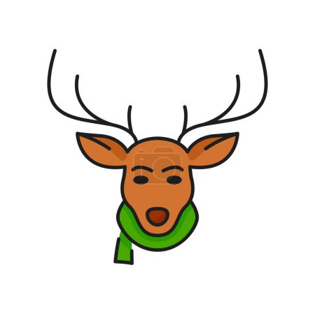 Ilustración de Cara de ciervo sagrado de Navidad en la bufanda verde aislado icono de línea. Vector festivo Navidad animal, renos retro símbolo de vacaciones de Año Nuevo - Imagen libre de derechos