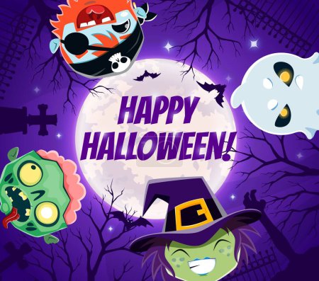 Illustration for Halloween holiday characters on midnight cemetery vector background. Trick or treat spooky night ghost, witch, zombie and pirate monsters cartoon personages, horror graveyard, tombstone, moon and bats - Royalty Free Image