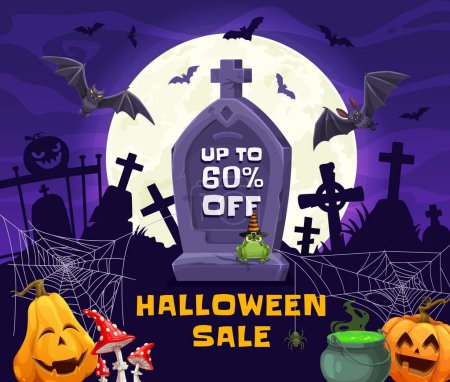 Illustration for Halloween sale banner with grave stone on midnight cemetery landscape. Horror holiday special offer vector flyer with pumpkins, bats, witch potion cauldron and graveyard crosses, moon and spider web - Royalty Free Image