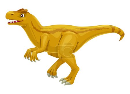Ilustración de Personaje de dibujos animados dinosaurio Allosaurus, reptil dino para niños juguete o juego Jurásico, vector aislado. Divertido lindo dinosaurio Allosaurus o dinosaurio amarillo para los niños juegos extintos prehistóricos o mascota - Imagen libre de derechos