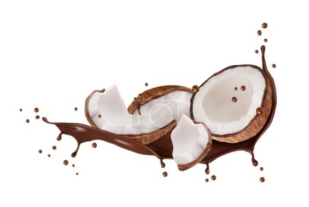 Illustration for Realistic chocolate drink splash with coconut, candy sweets or choco dessert vector background. Coconut nut cracked in milky chocolate with drops splash of flow wave for milkshake, ice cream or yogurt - Royalty Free Image