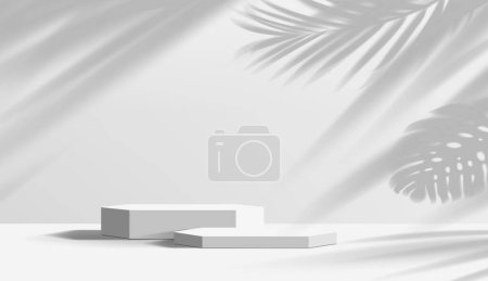 Illustration for Grey podium with monstera leaves. Fashion showcase mockup platform base, studio showroom empty stand or cosmetics product presentation display podium realistic vector background with palm leaf shadow - Royalty Free Image