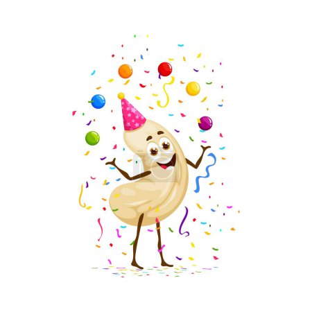 Ilustración de Personaje de anacardo de dibujos animados entretiene en una fiesta de cumpleaños haciendo malabares hábilmente bolas de colores, trayendo alegría y risa a la celebración de vacaciones. Aislado vector snack personaje desgaste festivo sombrero - Imagen libre de derechos