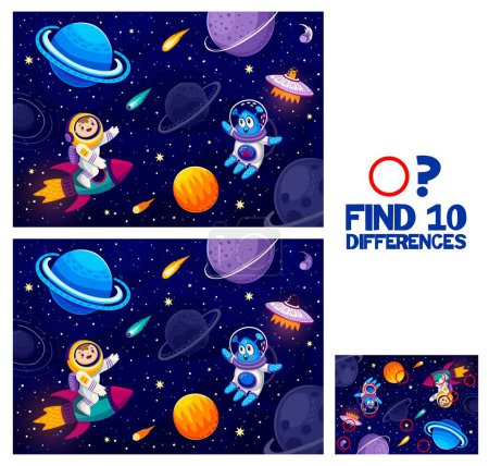 Illustration for Find ten differences game, cartoon astronaut and alien in starry galaxy space, vector kids quiz. Galaxy starship and alien UFO with martian and kid spaceman in outer space worksheet to find difference - Royalty Free Image