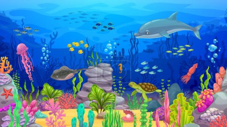Téléchargez les illustrations : Caricature océan paysage sous-marin avec dauphins, tortues et bancs de poissons, fond vectoriel. méduses, calmar et raie entre les algues dans le paysage récifal corallien sous-marin pour le niveau du jeu d'arcade - en licence libre de droit