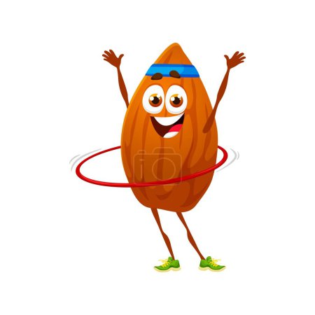Illustration for Cartoon almond nut character getting fit and having fun while working out with hula hoop, showcasing a playful and active lifestyle. Isolated vector energetic kernel personage engaged in healthy life - Royalty Free Image