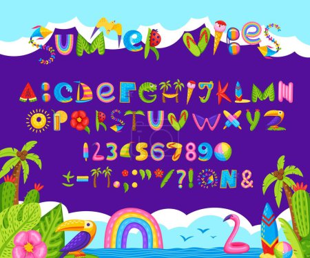 Ilustración de Fuente de verano de dibujos animados, tipo de fiesta de playa, vacaciones tropicales y tipo de vacaciones, alfabeto vectorial. Tipografía tipográfica de verano letras de texto de mar y selva, colorido arco iris tipo ABC de playa y palmeras - Imagen libre de derechos