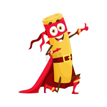 Illustration for Cartoon rigatoni italian pasta food superhero character. Isolated vector cheeky noodle man, zany super hero personage wear mask and cape showing thumb up, ready to fight food villains with his powers - Royalty Free Image
