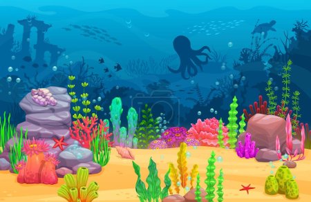 Téléchargez les illustrations : Dessin animé paysage sous-marin, les animaux d'eau de mer et les récifs coralliens de l'océan tropical niveau de jeu vectoriel fond. Ondes bleues avec poissons, pieuvres, tortues de mer, étoiles de mer et silhouettes d'algues, atouts du jeu - en licence libre de droit