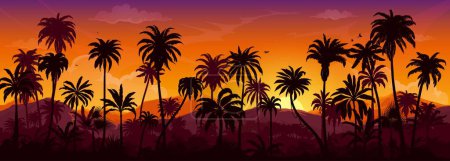Ilustración de Selva tropical amanecer o atardecer bosque paisaje siluetas de palma. Fondo vectorial de la naturaleza exótica de la isla con colinas de montaña, sol y cielo amarillo, palmeras y plantas de la selva tropical - Imagen libre de derechos