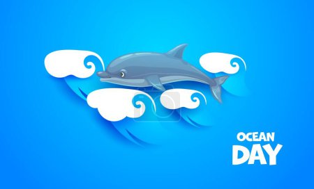 Illustration for Paper cut sea waves and cartoon dolphin, world oceans day vector poster. Underwater environment, sea ecosystem conservation or marine animals protection on world oceans day in papercut layers - Royalty Free Image