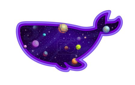 Illustration for Double exposition with whale silhouette and starry galaxy space with planets, vector paper cut. Solar system planets and alien earth or moon in galactic stars or outer space in double exposition whale - Royalty Free Image