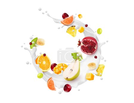Ilustración de Salpicaduras de leche realistas y frutas con gotas de crema. Vector remolino blanco de batido de leche bebida o crema de postre alimentos con mango maduro 3d, piña, plátano y cereza, uva, naranja, pera y kiwi - Imagen libre de derechos