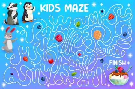 Illustration for Labyrinth maze game. Help to cartoon animal characters find a tasty ice cream. Labyrinth playing activity vector worksheet with badger, penguin, hare or rabbit cute personage, sundae ice cream dessert - Royalty Free Image