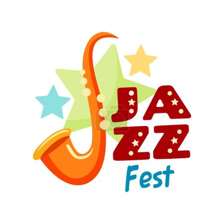 Illustration for Jazz music festival icon of saxophone with stars for live band concert or musical fest, vector emblem. Jazz or blues music performance sign for night club and entertainment bar with sax in poster art - Royalty Free Image