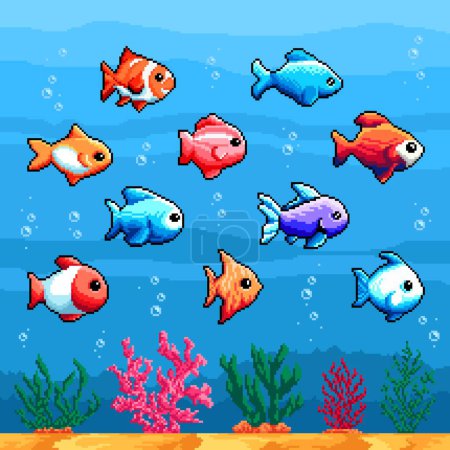 Illustration for Sea and aquarium tropical pixel fish, 8 bit animals. Retro arcade background, 2d platform console vector scenery or 8bit PC game level design asset. Indie game backdrop with tropical aquarium fishes - Royalty Free Image