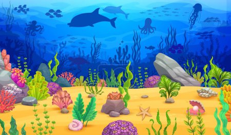 Téléchargez les illustrations : Paysage sous-marin de la mer, carte au niveau du jeu avec des silhouettes d'arc et d'animaux marins, arrière-plan vectoriel. Banc de poissons sous-marins avec poulpe, dauphins et méduses en haute mer pour le niveau du jeu d'arcade - en licence libre de droit