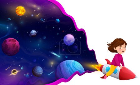 Ilustración de Chica de dibujos animados volando en cohete espacial en la galaxia a los planetas, cielo estrellado vector de fondo. Exploración espacial y aventura galáctica de niña en nave espacial, educación planetaria o astronomía escolar - Imagen libre de derechos