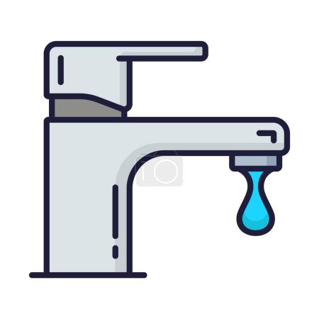 Ilustración de Color icono del servicio de fontanería. Aseo, tubería, problemas de baño. Signo lineal vectorial aislado del grifo con goteo de agua, grifo roto necesita reparación y fijación, símbolo del contorno - Imagen libre de derechos