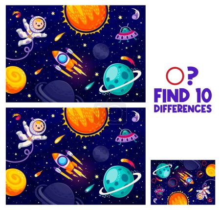 Illustration for Find ten differences in solar system landscape with cartoon astronaut, alien and rocket, vector kids quiz game. Outer space planets and galaxy UFO starship on worksheet to match and find differences - Royalty Free Image