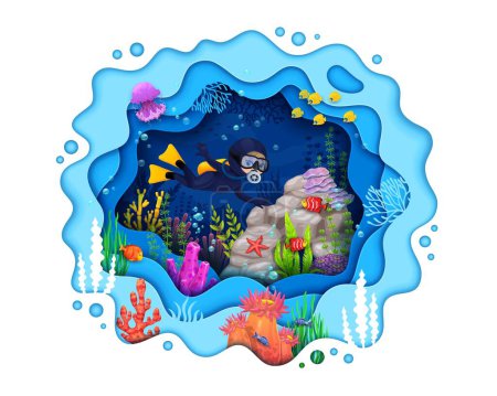 Illustration for Cartoon sea bottom, paper cut underwater landscape and kid diver near rock, vector ocean diving. Undersea coral reef in papercut layers with fish shoal, seaweeds and marine animals for scuba diving - Royalty Free Image