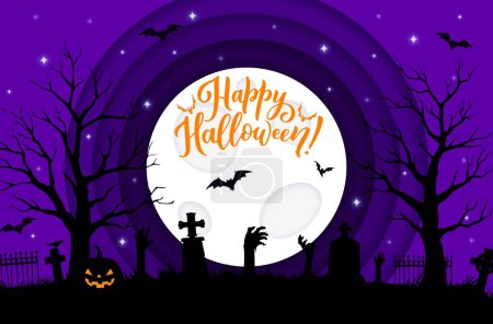 Illustration for Halloween paper cut banner with cemetery landscape and zombie hands. Vector greeting card with grimacing jack lantern pumpkin and corpse arms sticking up at night graveyard with tombs, moon and bats - Royalty Free Image
