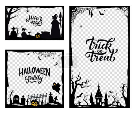 Illustration for Halloween black frame templates for social media and storytelling. Vector silhouettes of witch, ghost, bats and cemetery, trick or treat horror night pumpkin, castle and spiders frame border lines - Royalty Free Image
