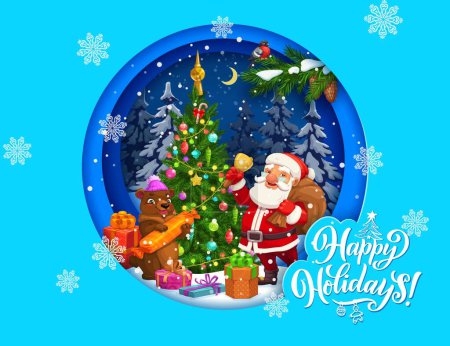 Illustration for Christmas paper cut greeting with cartoon Santa and bear characters near holiday pine tree. Vector 3d effect card with layered frame, Father Noel and funny animal near decorated spruce in night wood - Royalty Free Image