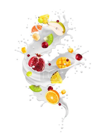 Illustration for Realistic milk drink swirl wave splash and fruits. Isolated vector dairy yogurt or cream white liquid twist with mango, kiwi, pear, grapefruit, pineapple, garnet or banana and orange fresh fruity mix - Royalty Free Image