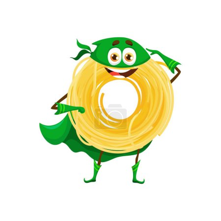 Téléchargez les illustrations : Cartoon capellini italien pâtes nourriture personnage de super-héros. Personnage vectoriel isolé de macaronis de cuisine italienne avec visage drôle et sourire mignon. Joyeux nid de pâtes, délicieux repas de blé emoji porter la cape - en licence libre de droit